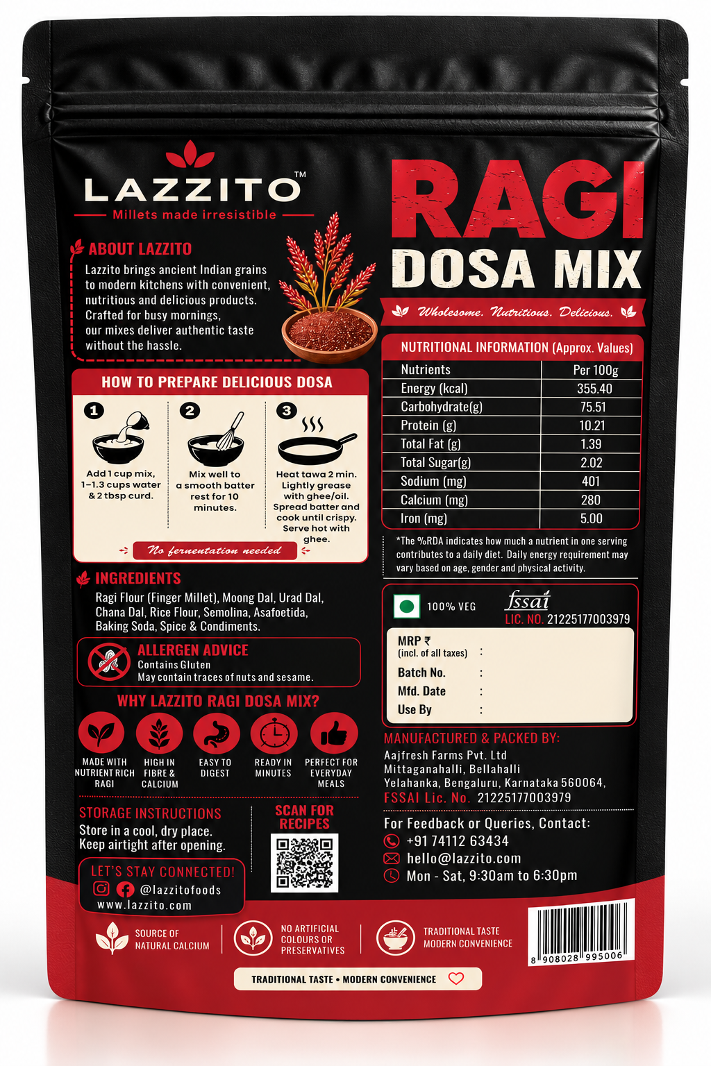 Lazzito Ragi Dosa Mix back packaging with ingredients, nutrition information and preparation instructions