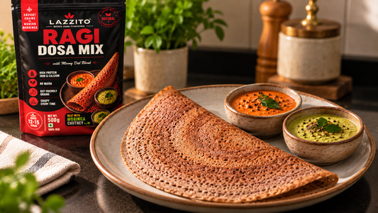 Ragi dosa served with two chutneys beside a Lazzito Ragi Dosa Mix 500g pack
