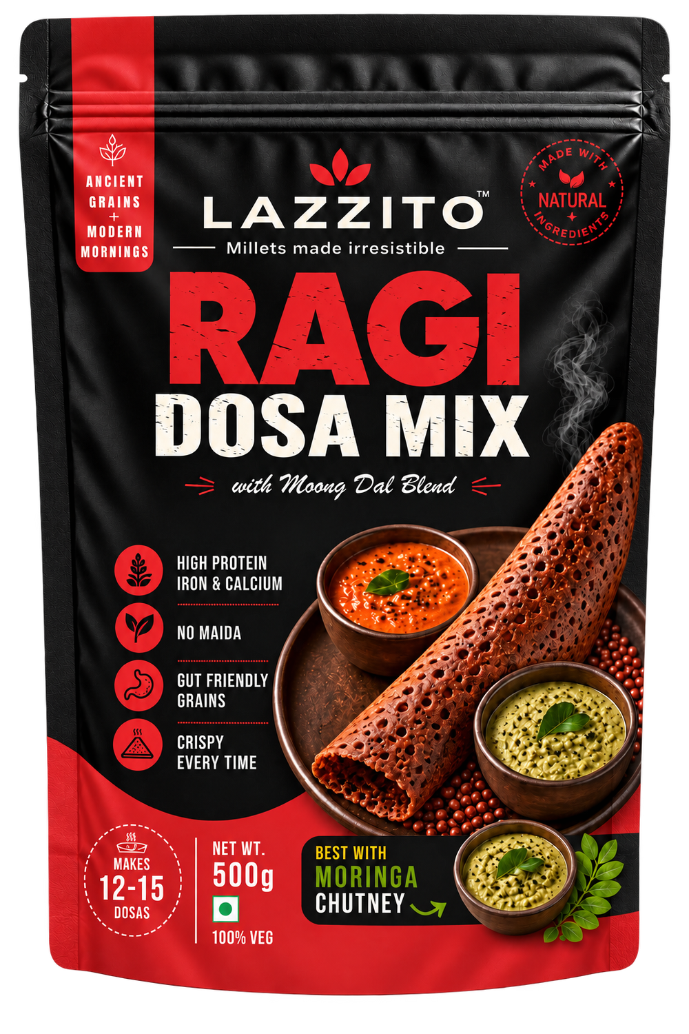 Lazzito Ragi Dosa Mix 500g front packaging