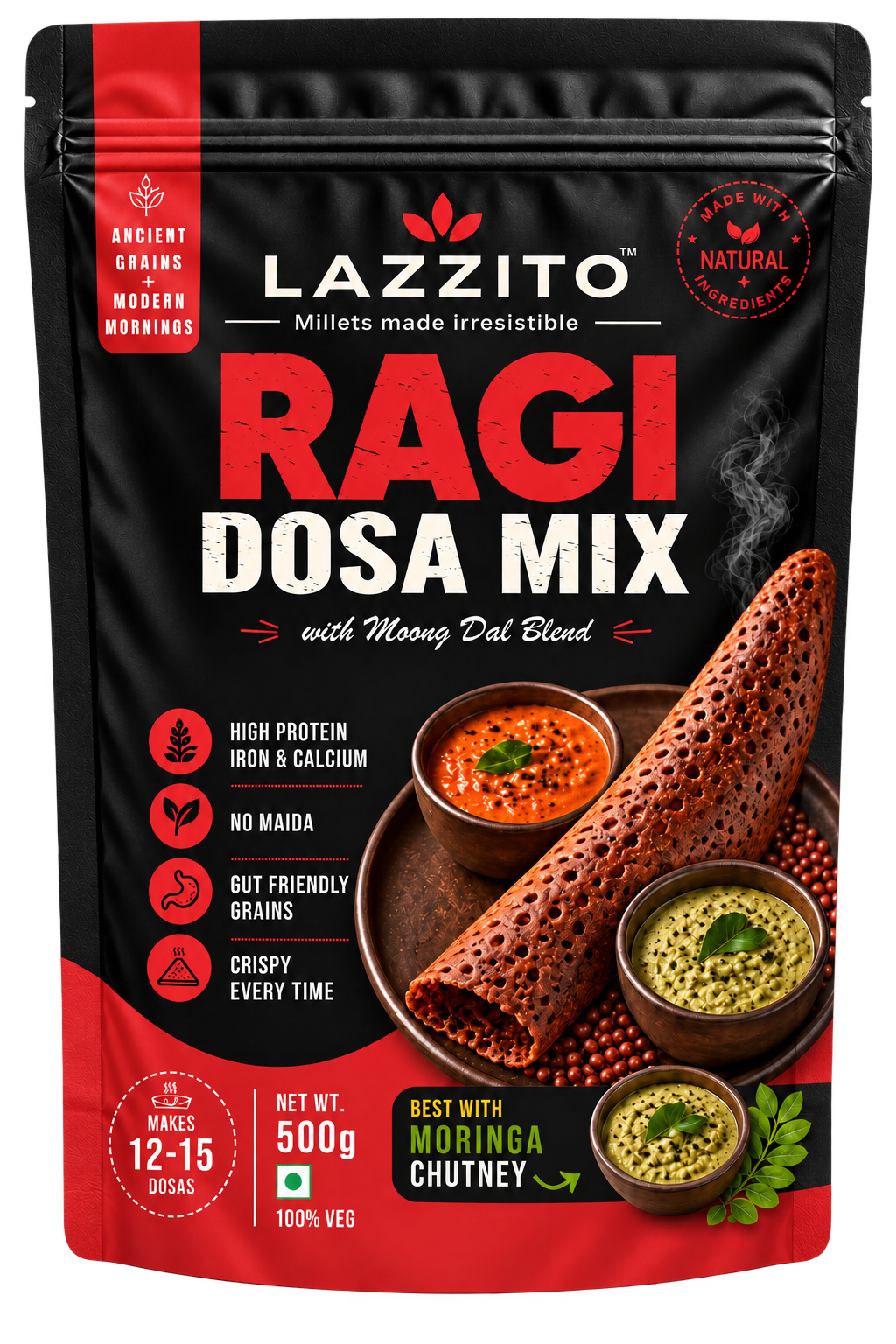 Lazzito Ragi Dosa Mix 500g front packaging