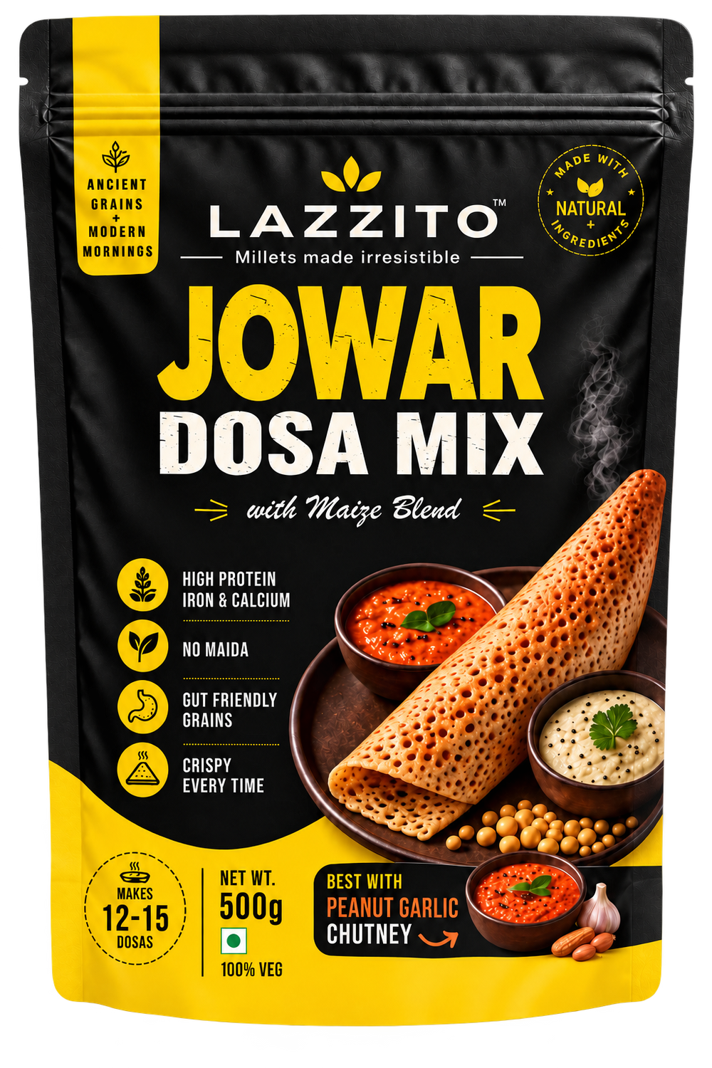 Lazzito Jowar Dosa Mix 500g front packaging