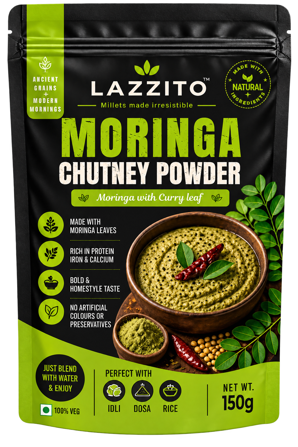 Lazzito Moringa & Curry Leaves Chutney Powder 150g front packaging