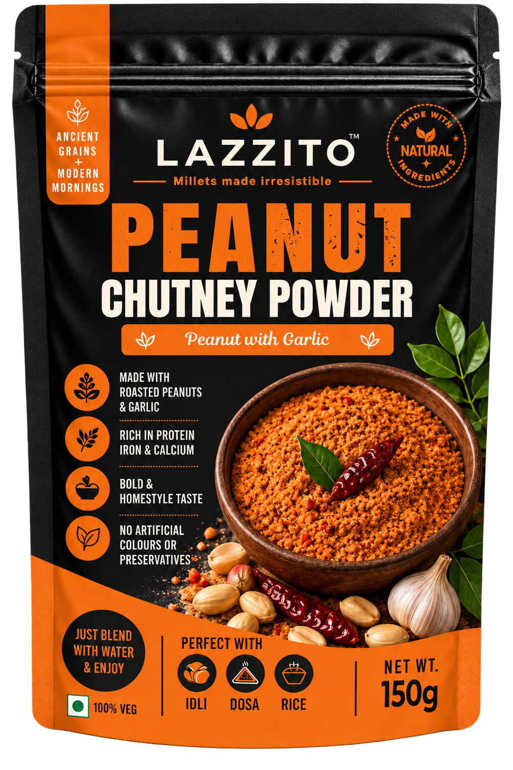 Lazzito Peanut & Garlic Chutney Powder 150g front packaging