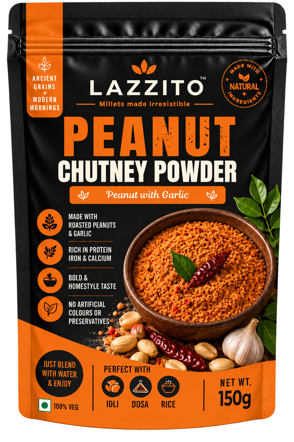 Lazzito Peanut & Garlic Chutney Powder 150g front packaging