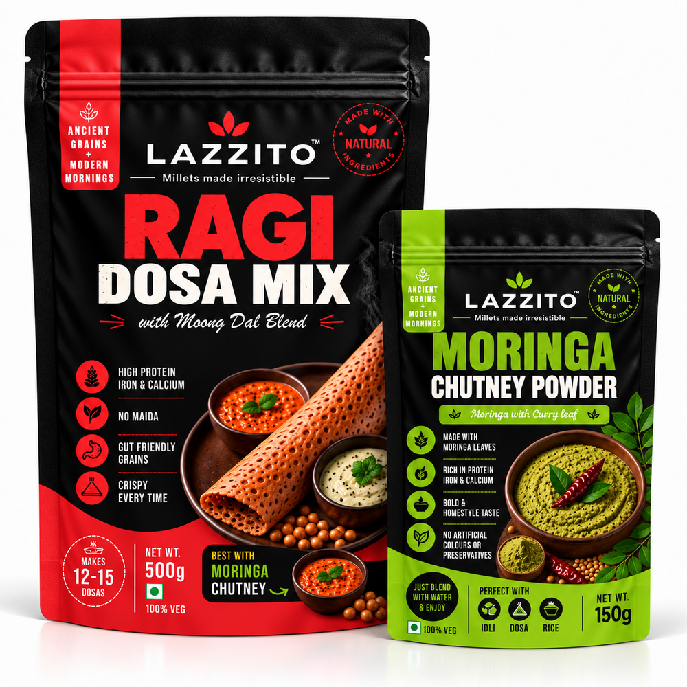 Lazzito Breakfast Starter — Ragi Dosa Mix 500g + Moringa Chutney Powder 150g