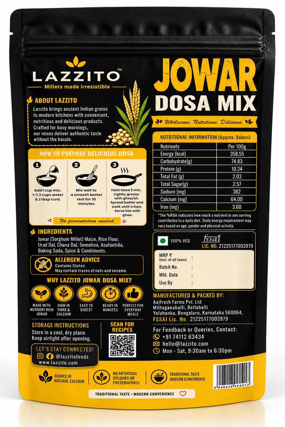 Lazzito Jowar Dosa Mix back packaging with ingredients, nutrition information and preparation instructions