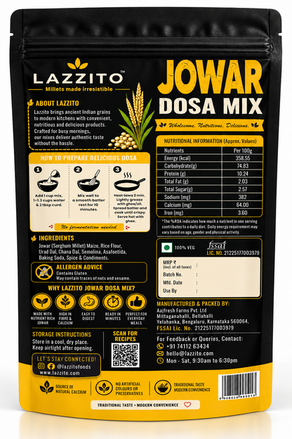 Lazzito Jowar Dosa Mix back packaging with ingredients, nutrition information and preparation instructions