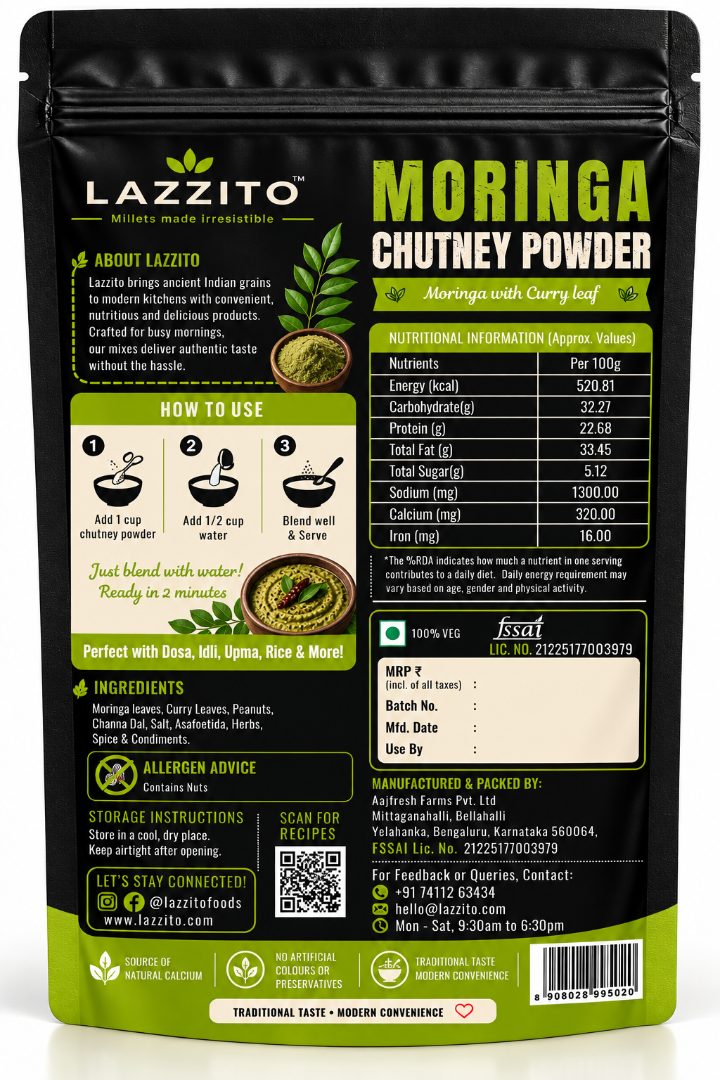 Lazzito Moringa Chutney Powder back packaging with ingredients, nutrition information and mixing instructions