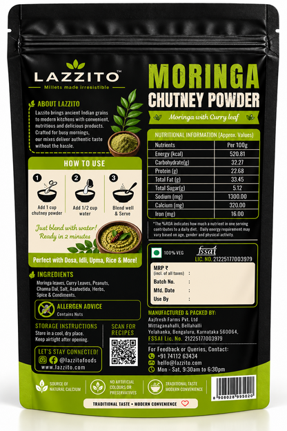 Lazzito Moringa Chutney Powder back packaging with ingredients, nutrition information and mixing instructions