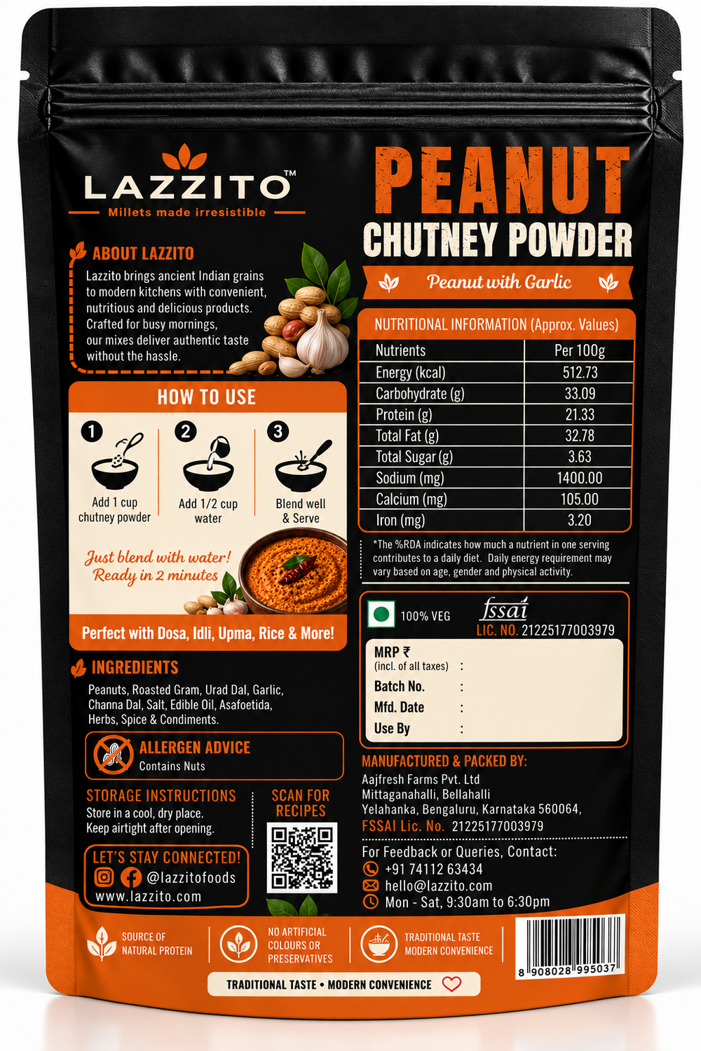 Lazzito Peanut Chutney Powder back packaging with ingredients, nutrition information and mixing instructions
