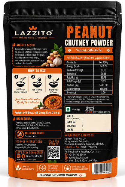 Lazzito Peanut Chutney Powder back packaging with ingredients, nutrition information and mixing instructions