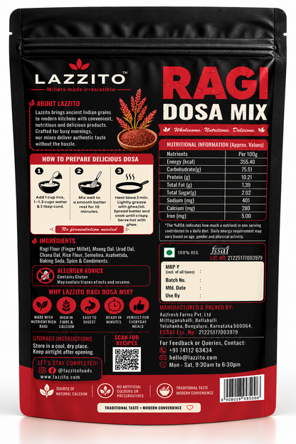 Lazzito Ragi Dosa Mix back packaging with ingredients, nutrition information and preparation instructions
