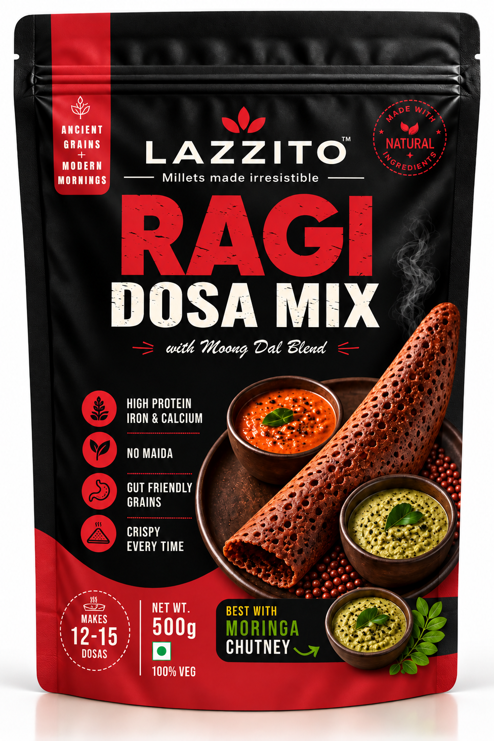 Lazzito Ragi Dosa Mix 500g front packaging